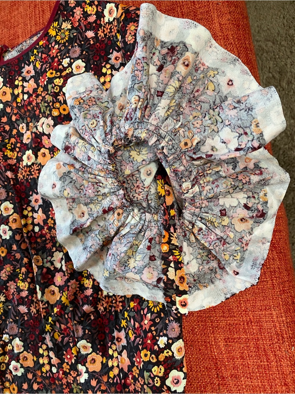 Handmade Cotton Dark Floral Print Ruffle Trim Dress - Picture 15 of 16